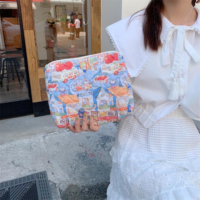 PAZIMIIK Quilted Makeup Bag Large Travel Zipper Soft Cosmetic Pouch for Women Girls Make Up,Little Bunny