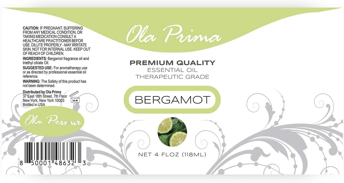 Ola Prima Bergamot Essential Oil - Therapeutic Grade for Aromatherapy, Diffuser, Skin, Hair, Massage, Stress, Dropper - 4 fl oz - Bergamot Oil