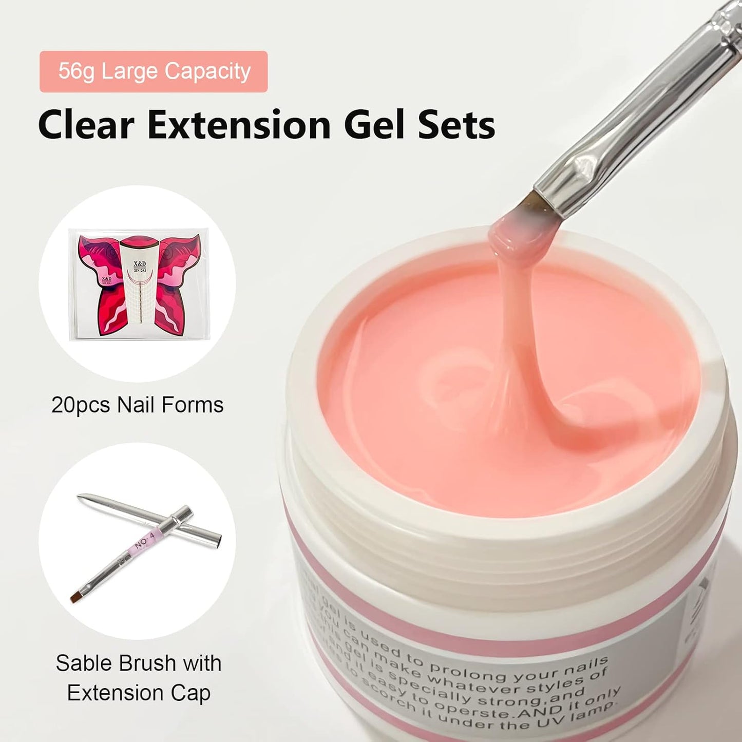 X&D Gel Nail Polish Kit UV Polygel Quick Dry 56g Natural Clear Color Nail Extension with Nail Form, Acrylic Nail Sable Brush with Cap Set(Pink)