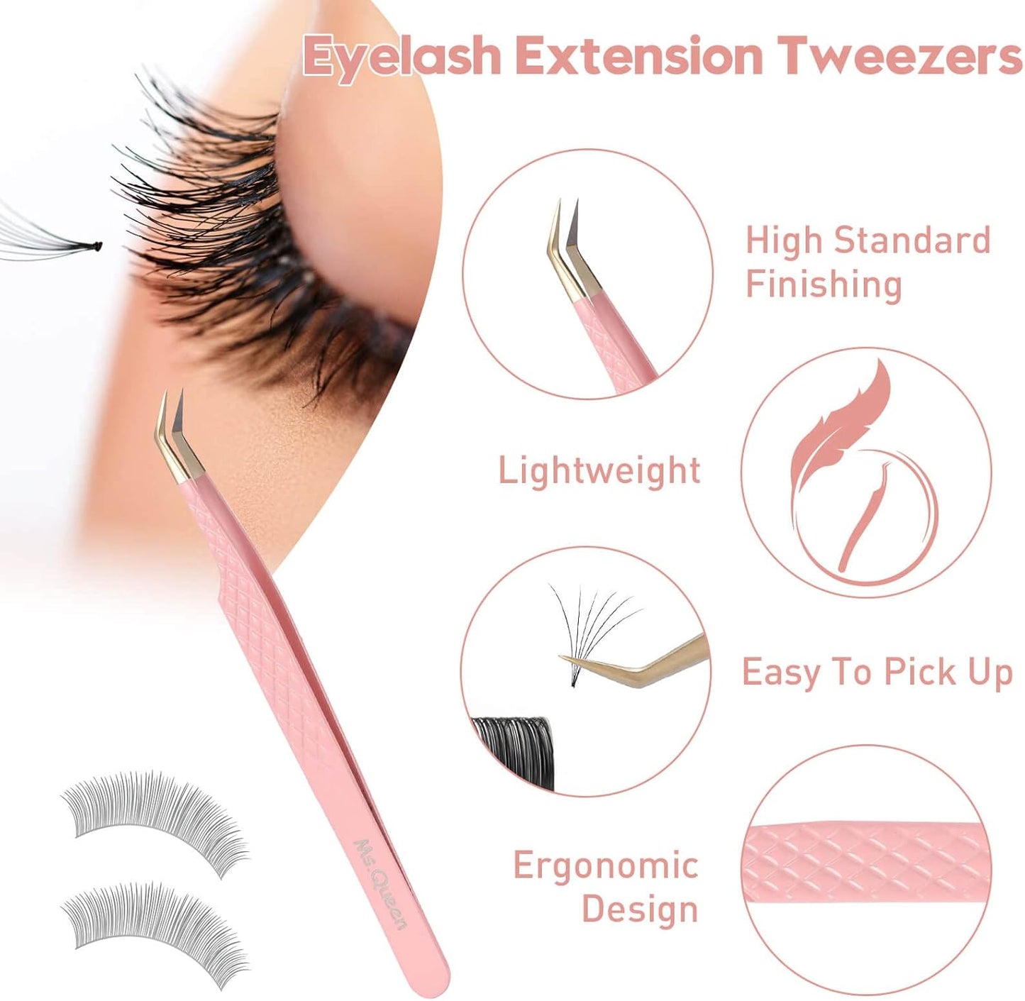 Ms.Queen Eyelash Tweezers Set,Professional 2Pcs Fiber Tip 45 90 Degree Mega Volume Lash Extension Tweezers