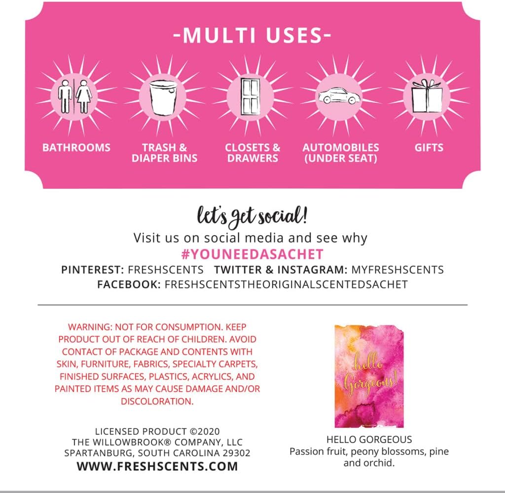 WillowBrook | Fresh Scents Scented Sachet Packet | Hello Gorgeous | Air Freshener Bags for Drawers, Closets, Cars | 6 Pack | Long Lasting Home Fragrance