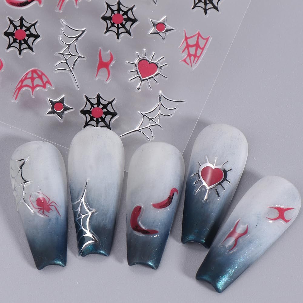 Halloween Nail Art Stickers Decals 10 Sheets 3D Self Adhesive Embossed Stickers Cartoon Spider Web Star Drop of The Blood Nail Art Design DIY Manicure Decoration for Women Kid Girls