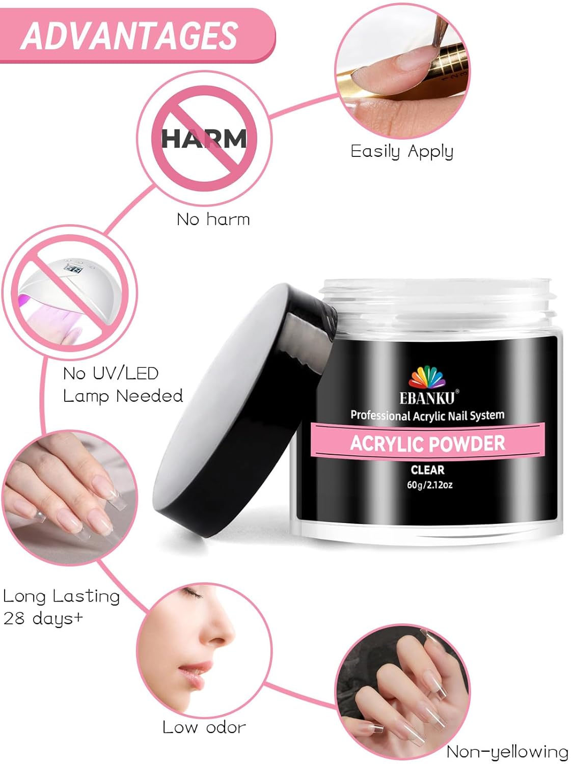 EBANKU Clear Acrylic Powder, 60g/2.12oz Crystal Transparent Acrylic Nail Powder for Nail Extenstion, Nail Carving, Professional Nail Powder for French Manicure, Long-Lasting, No Lamp Needed