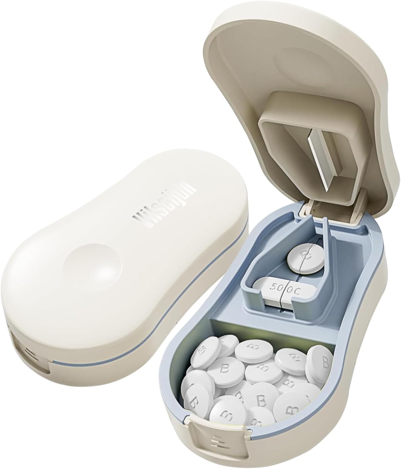 Pill Cutter Splitter for Small and Tiny Pills - Professional Pill Cutter for Small or Large Pills | Wrap-Around Blade Guard | Detachable Nonslip V-Shaped Pad | Easy Open | Back Storage, Cyan (White)