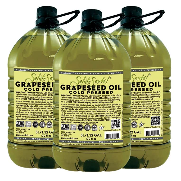 Cold Pressed Grapeseed Oil by Salute Sante! High Temperature Cooking, Healthy Grape Seed Oil, Non-GMO and Kosher for Salad Dressings, Marinades and Dips, Vegan, 5 Liter, 3 Pack