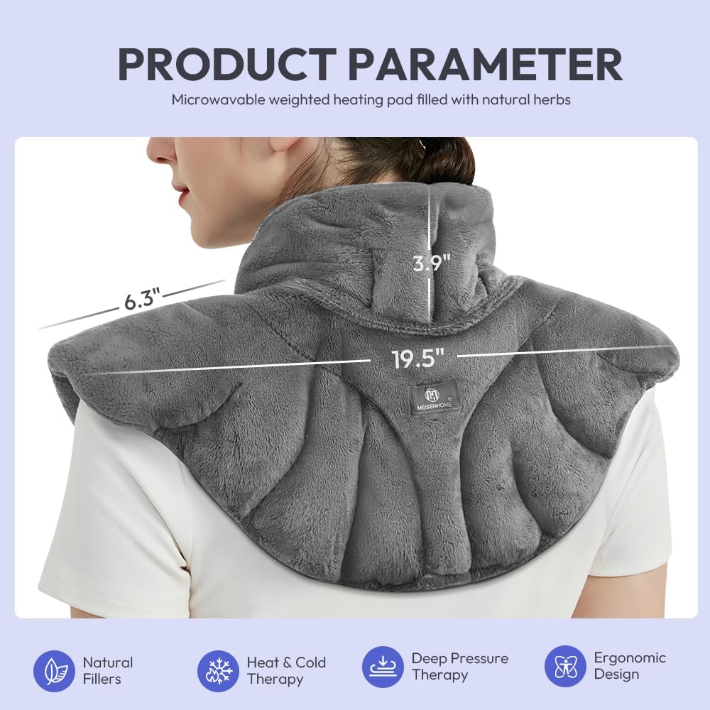 Microwavable Heating Pad for Neck and Shoulders, Weighted Microwave Moist Neck Wrap for Pain Relief Sore Muscle Stress Tension, Heated Wrap with Aromatherapy, Hot & Cold Compress, Grey
