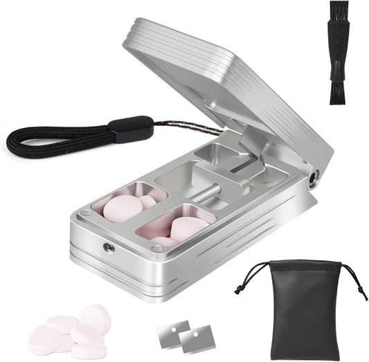Pill Cutter for Small and Tiny Pills, Professional Aluminum Pill Splitter with Auto Centering Device and 2 Replaceable Stainless Steel Blades, Portable Pill Splitter with PU Case (Silver)