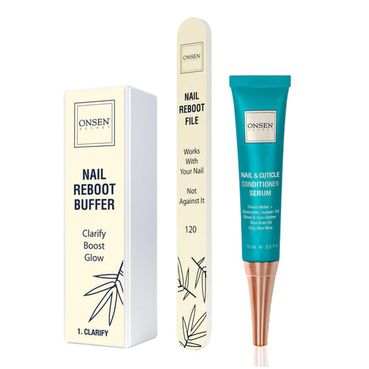 Onsen Secret Cuticle Cream Bundle, Double Sided Nail File 120/180 Grit, Nail Cuticle Oil - Japanese Natural Healing Minerals Nail Care Serum. (15ml + Buffer + Nail File)