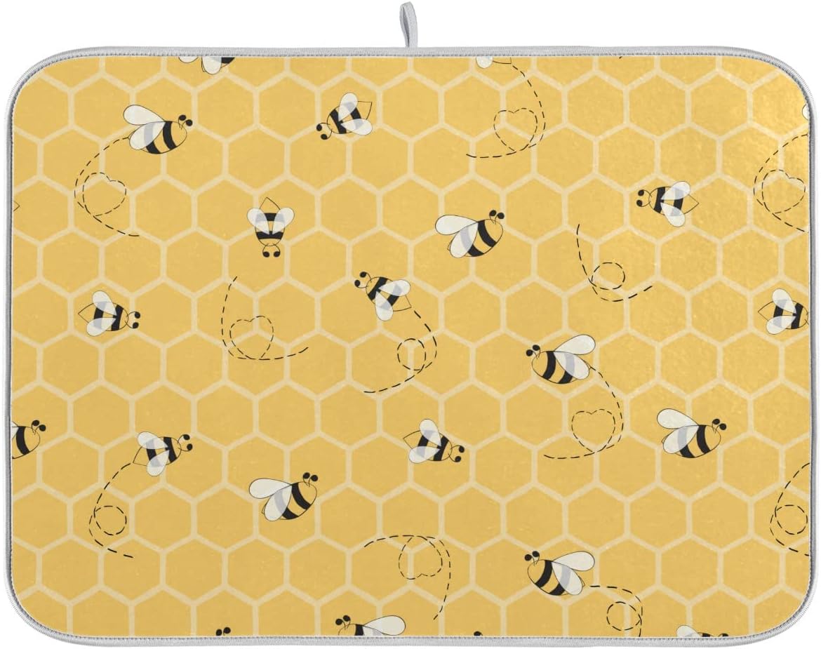 Funny Bees Honey Dish Drying Mat 18x24 for Kitchen Counter Yellow Bumblebee Beehive Dishes Pad Absorbent Fast Dry Dish Draining Mats Large Kitchen Accessories