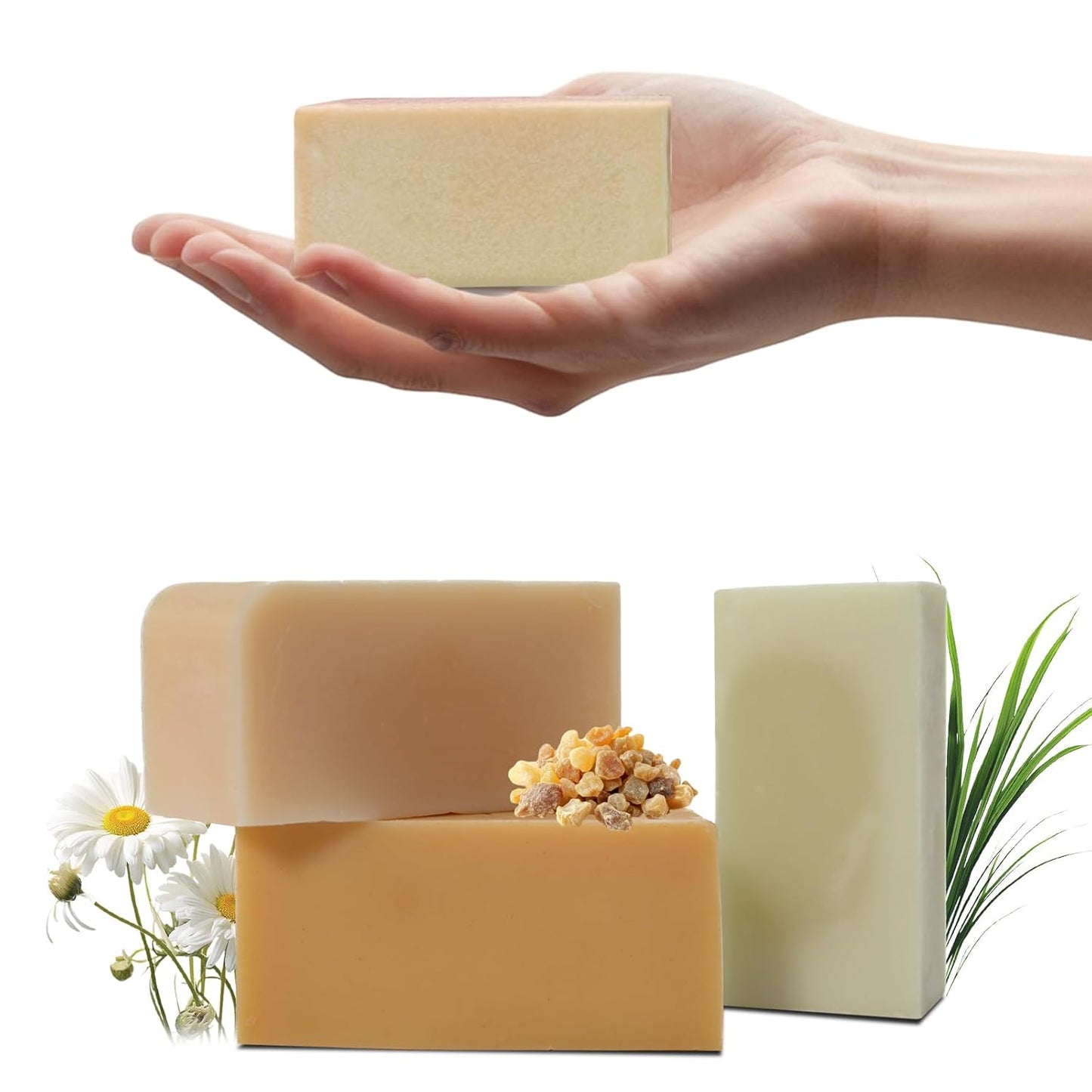 3 Pcs Clean Bar Soap with Vitamin E Olive Natural Essential Soap Bar Gift Set for Body Face Smooth Skin Bath Soap for All Skin Types Roman Chamomile,Frankincense,Lemongrass Soap Handmade