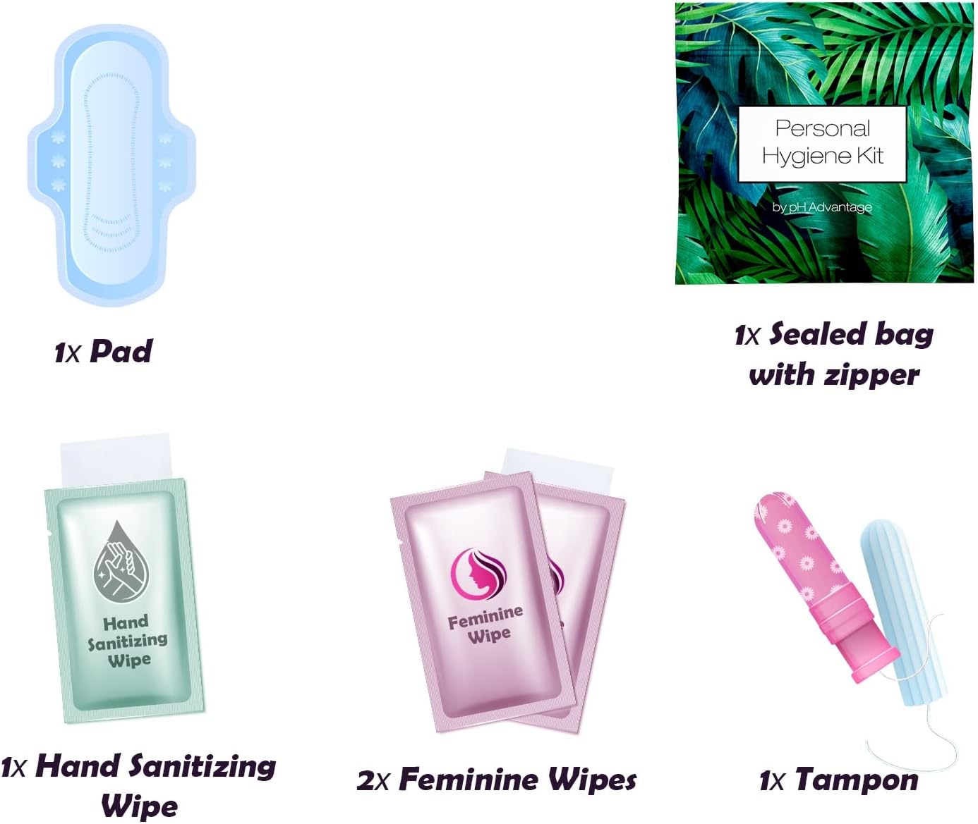 30 x Menstrual All-in-One Kits - Assorted Colors | Convenience on The Go | Single Period Kit Packs | Individually Wrapped Feminine Hygiene Products (Black Treads/Blue Forest/Green Ferns)