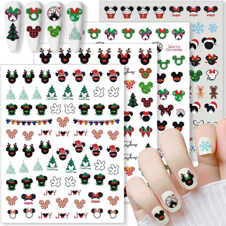4 Sheets Christmas Nail Art Stickers Decals 3D Cute Animal Christmas Tree Snowflake Candy Self Adhesive Nail Design Nail Decals Xmas Nail Stickers for Women DIY Xmas Party Nail Decoration
