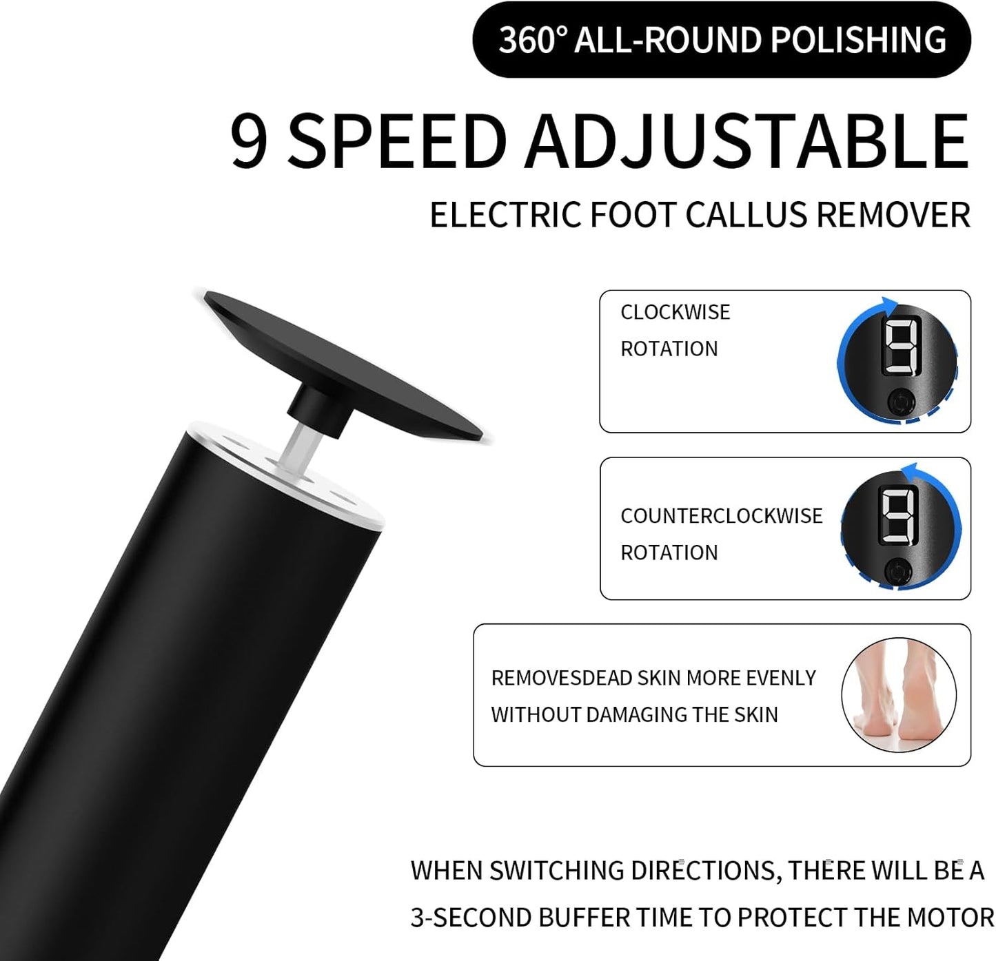 Powerful Electric Foot File & Callus Remover - Over 1-Hour Continuous Use, 360° Rotating Grinder, Foot Drill & Sander, 1200mAh Rechargeable Cordless Pedicure Tool,Foot Grinder(Black)