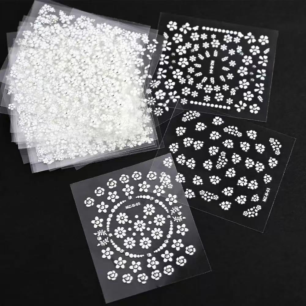 White Flower Nail Art Stickers White Flower with Rhinestones Nail Decals 3D Self Adhesive Nail Stickers Nail Art Designs Flowers Sticker for Nails Decorations 30 Sheets