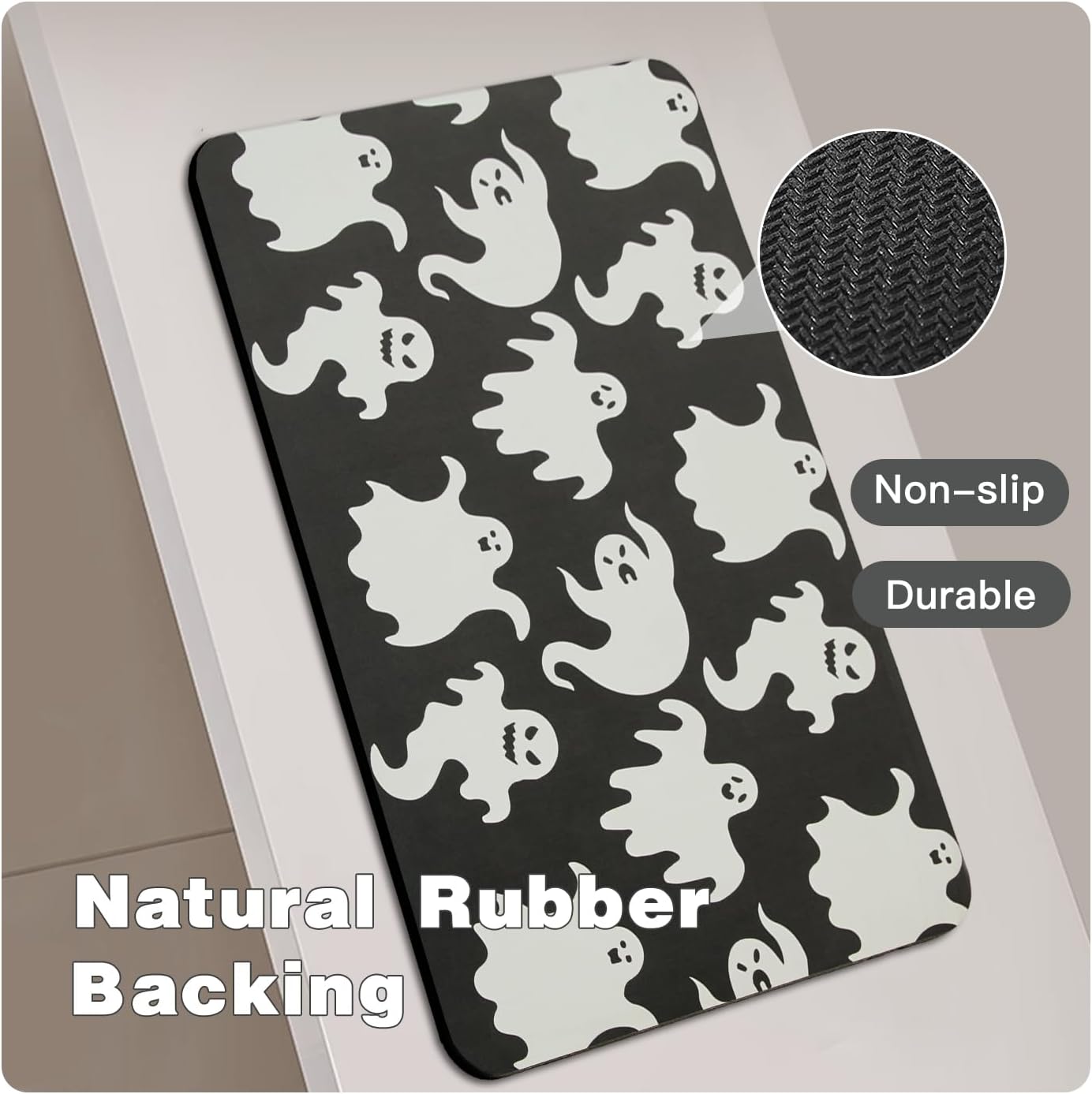 Halloween Bath Mat, Thin Halloween Bathroom Rug Non Slip Quick Dry Ghost Bath Mat Fits Under Door Thin Floor Mat Halloween Decor, 24''x36'', Spooky Ghosts Black