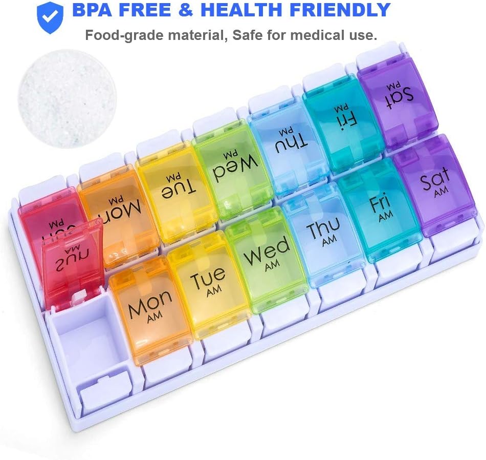 7 Day AM PM Pill Organizer, Moisture-Proof Design and Large Compartments to Hold Vitamins,Fish Oil,Supplements, Weekly Pill Box/Cases, Daily Medicine Dispenser (14 Compartments No Alarm)