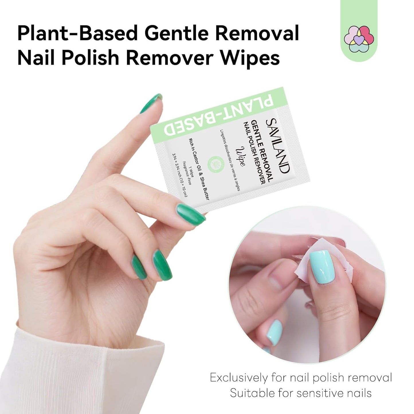 SAVILAND Plant-Based Nail Polish Remover Pads: Non Acetone Nail Polish Remover Wipes 100 Pcs Castor Oil & Shea Butter Travel Nail Kit Large Pads for Sensitive Nails Remover Salon Use