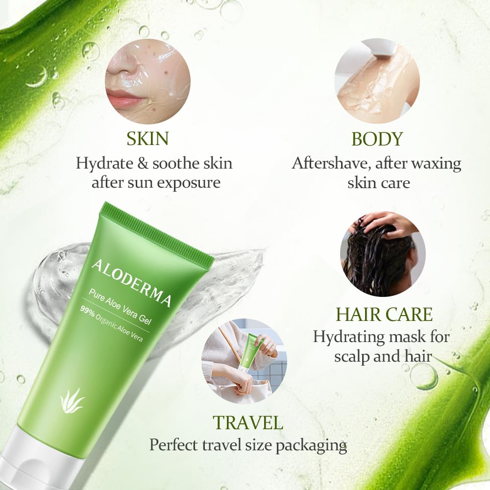Aloderma 99% Organic Aloe Vera Gel Made within 12 Hours of Harvest, Easy Travel Size Tube for Body, Face, & Scalp, Cooling & Soothing Support for Skin & Sunburn, Hydrating Aloe Gel, 1.5oz - 2ct
