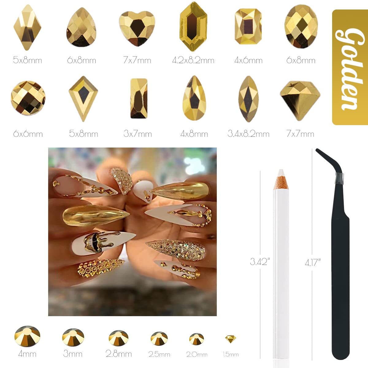 Old Golden Nail Rhinestones 120 Multi Shapes Flatback Gems K9 Glass Stones Metallic Gold Round Beads Diamonds Jewels Crystals w Pick Pen Charms for Nails Faces Eyes Makeup Crafts Clothes Shoes