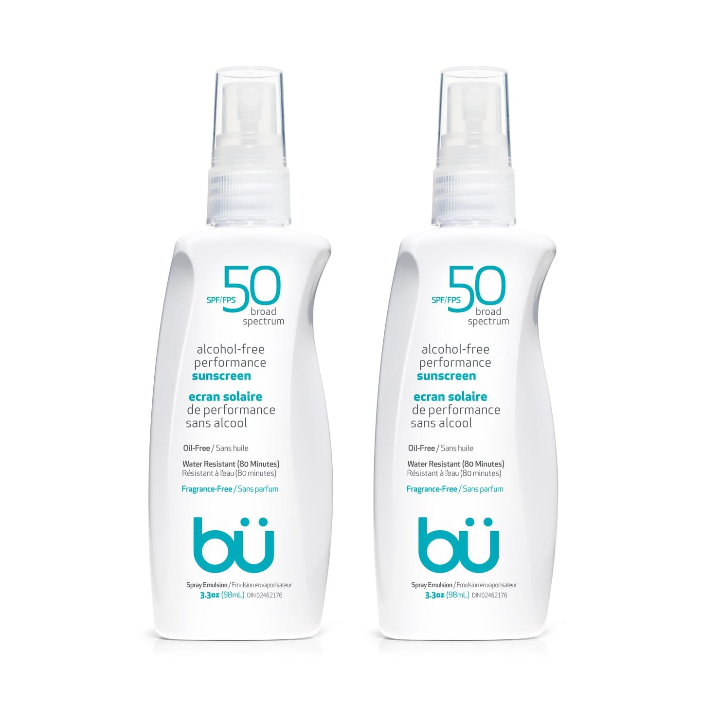 BU SPF 50 Sunscreen Spray for Face and Body, Fragrance Free, Clear Non Aeorsol, Non Greasy and Water Resistant (2-pack)