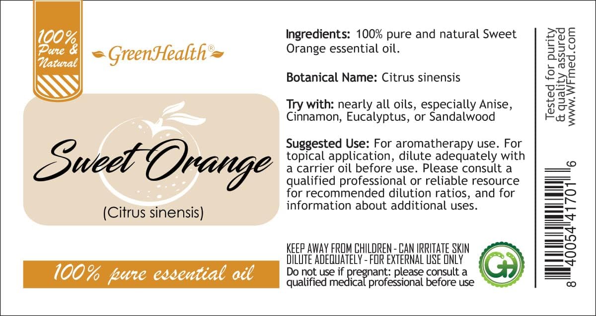 GreenHealth - Sweet Orange Essential Oil - 16 fl oz - Aluminum Bottle - 100% Essential Oil, Uncut