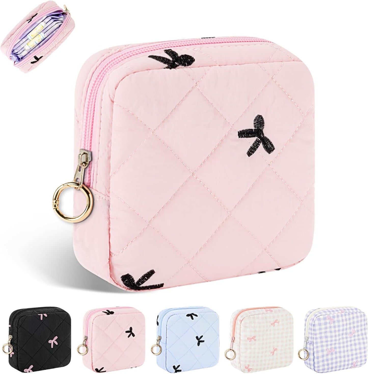 Period Bag for Teen Girls, Quilted Sanitary Napkin Storage Bag, Cute Bow Tie Menstrual Pad Pouch Tampon Holder (Pink)