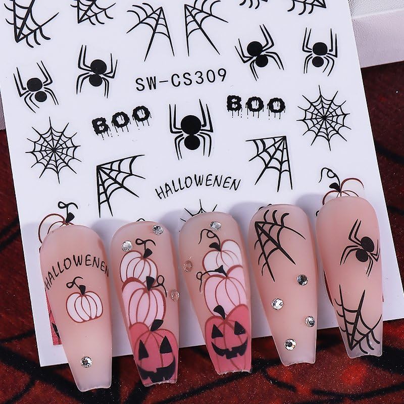 Halloween Nails Stickers Black Bat Nails Sticker 3D Embossed Pink Bats Self Adhesive Sticker Nail Decals Cute White Ghost Nail Art Decals Halloween Decals for Nail DIY Manicure 4Sheet