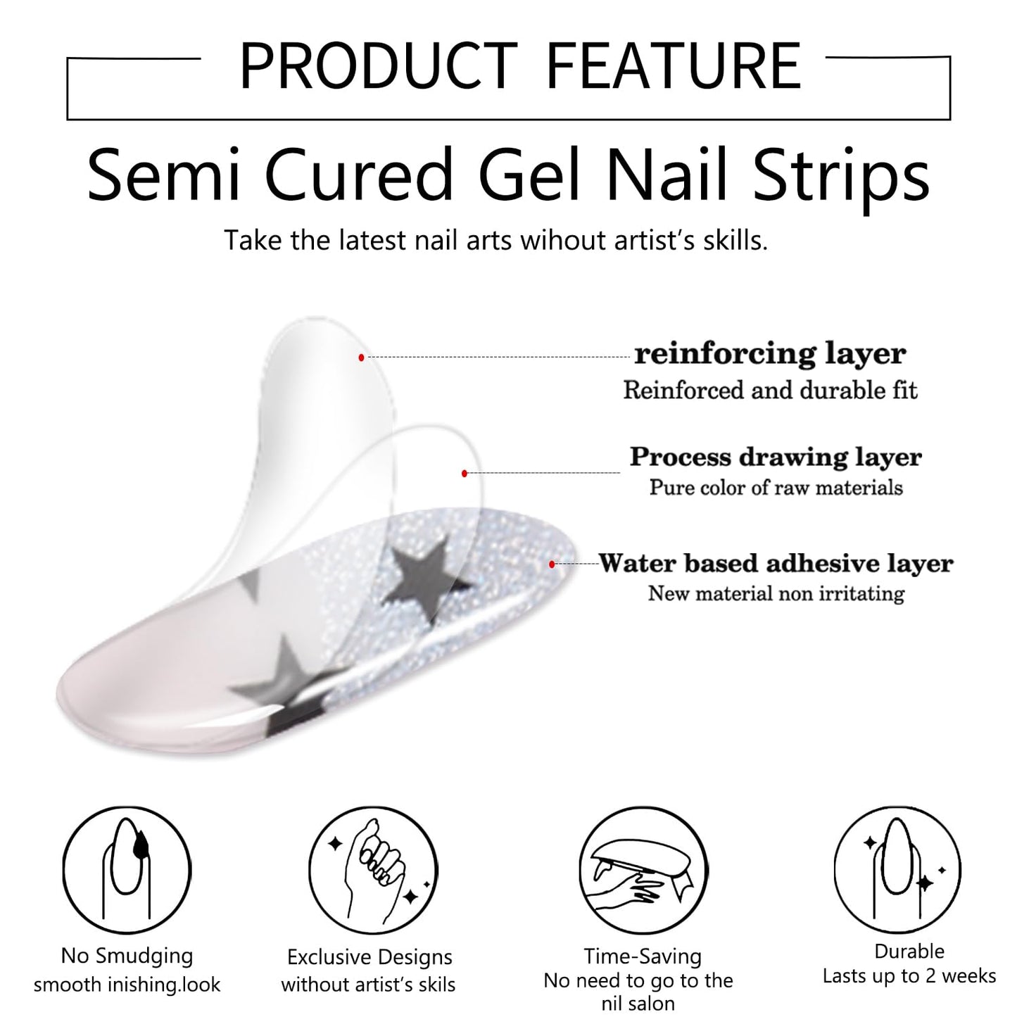 WOKOTO 1 Sheet Semi Cured Gel Nail Strips With Wood Stick, Nail File & Prepared Pads, 20 Tips Star & Glitter French Semi Cured Nail Polish Strips, Harden With UV Light Gel Nail Stickers Wraps