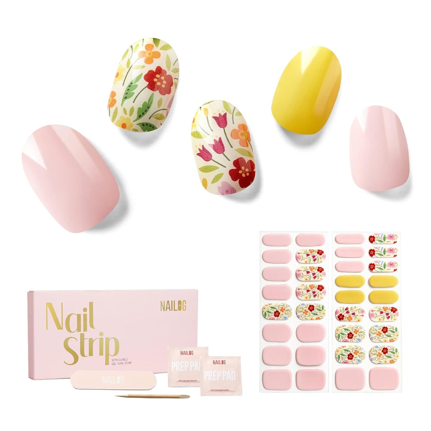 Nailog Semi Cured Gel Nail Strips 34 pcs | Long Lasting Nail Polish Sticker Wraps with Glossy Gel Finish | Idyll