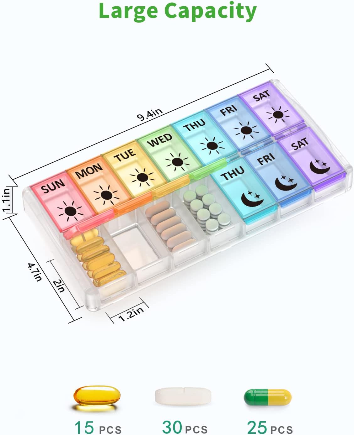 Weekly Pill Organizer 2 Times a Day Extra Large 7 Day Easy Fill Quick Fill Portable Fullicon AM PM Pill Box for Supplement, vitamine, and Medicine - (Patent Registered)