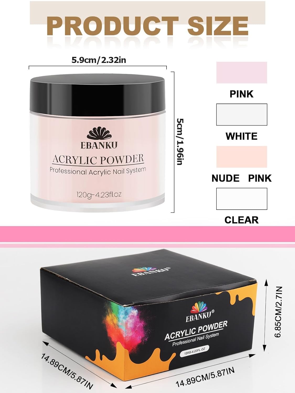 EBANKU 4 Colors Acrylic Powder Set Nude Pink White Clear Acrylic Nail Powder Acrylic Powder for Acrylic Nail Extension Nail Carving, Long-Lasting, No Nail Lamp Needed, Large Capacity 4.23oz*4