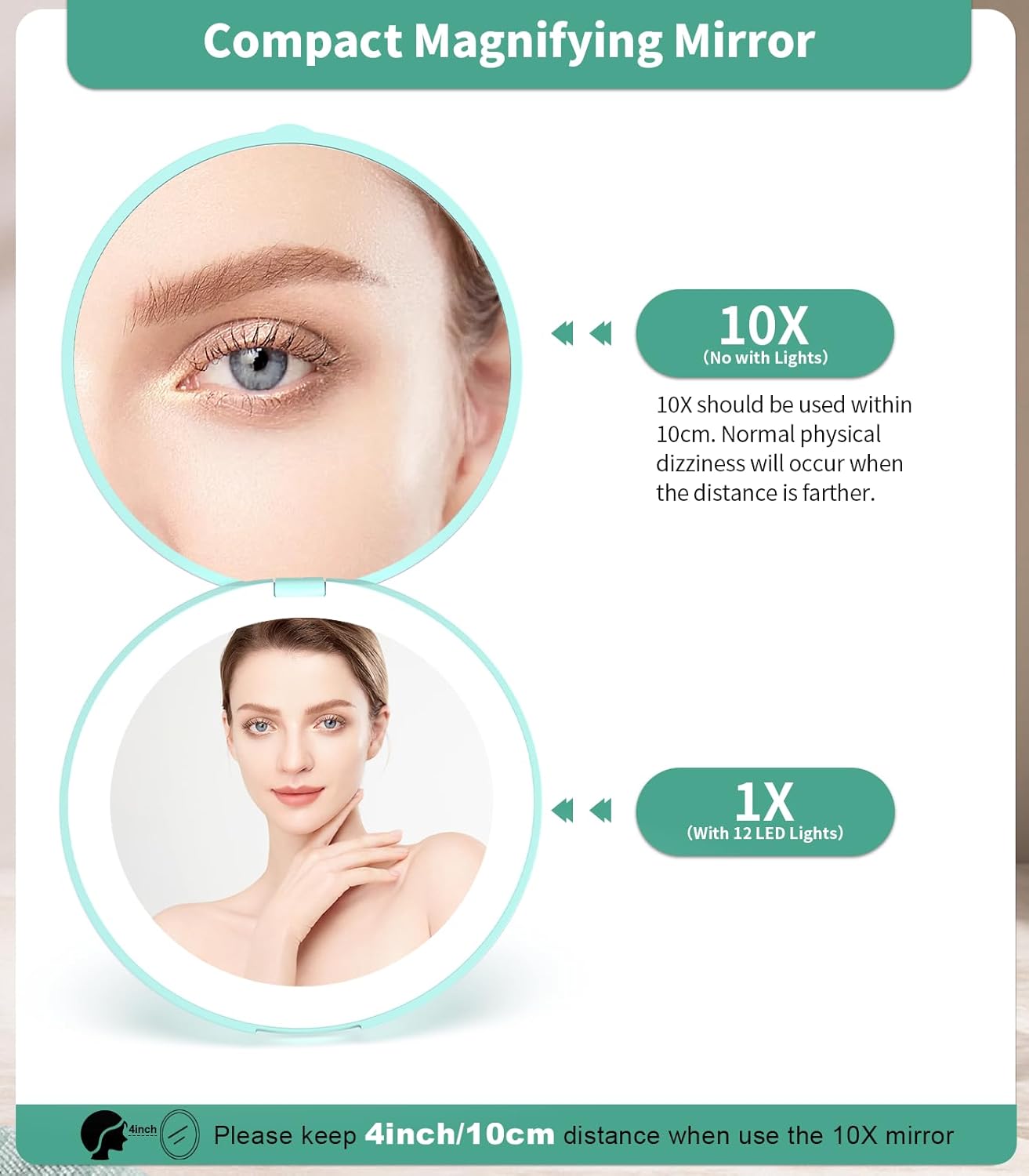 WOBSION Travel Compact Mirror,Portable 1x/10x LED Makeup Mirror with Magnification,Handheld 2-Sided Pocket Mirror, 3.5in Small Mirror for Purse,Handbag,Gift,Cyan&Pink,2 Pack