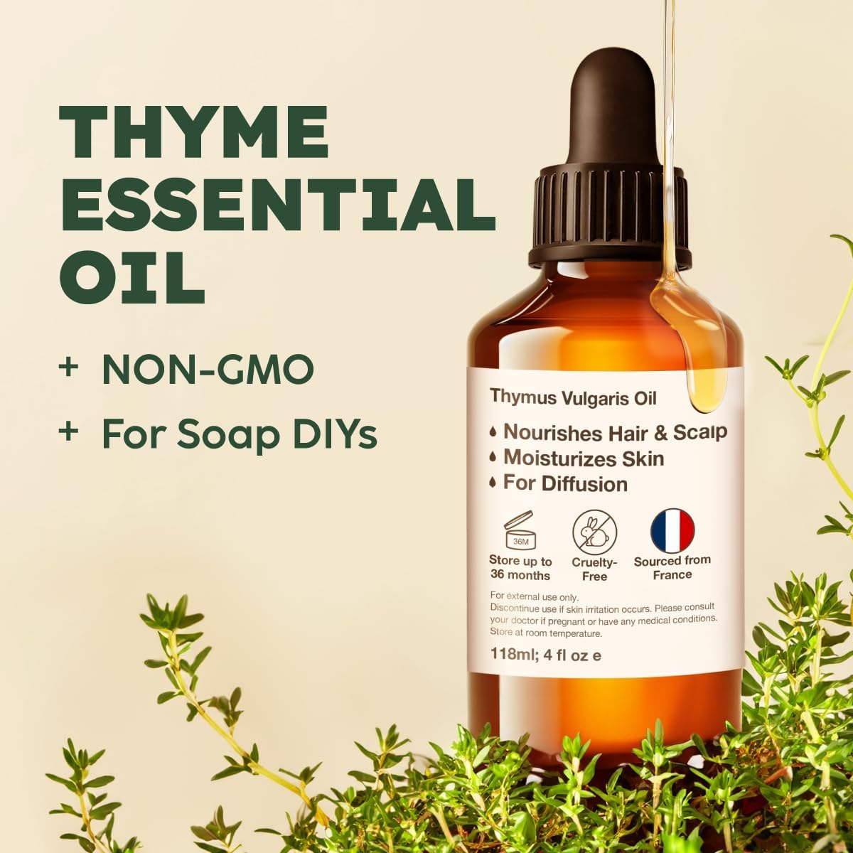 Kukka Thyme Essential Oil for Hair, Skin & Diffuser - 4 Fl Oz - Thyme Oil, Herbaceous Scent, for Aromatherapy, DIY Soap Making Scents