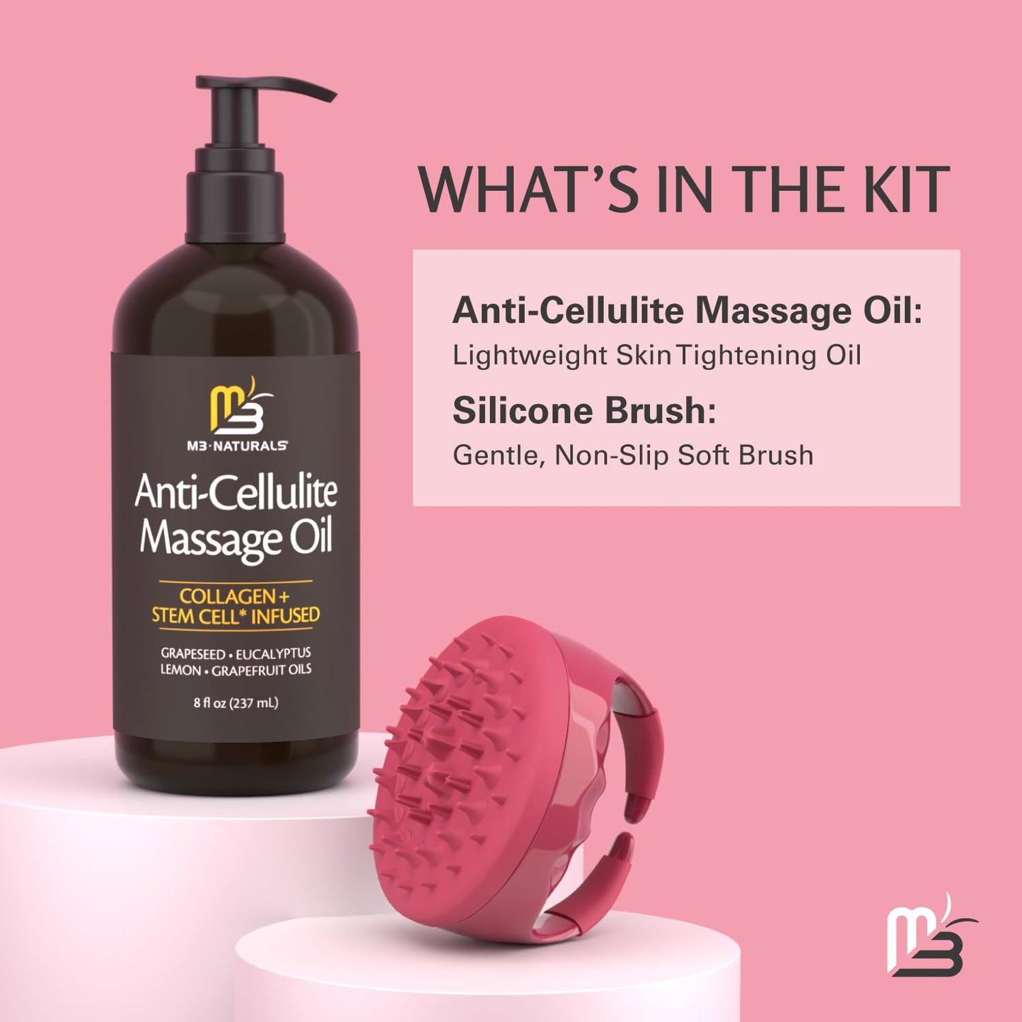 Anti Cellulite Massage Oil and Silicone Body Brush – Collagen and Stem Cell Skin Tightening Formula for Smoothing and Firming, 8 fl oz by M3 Naturals