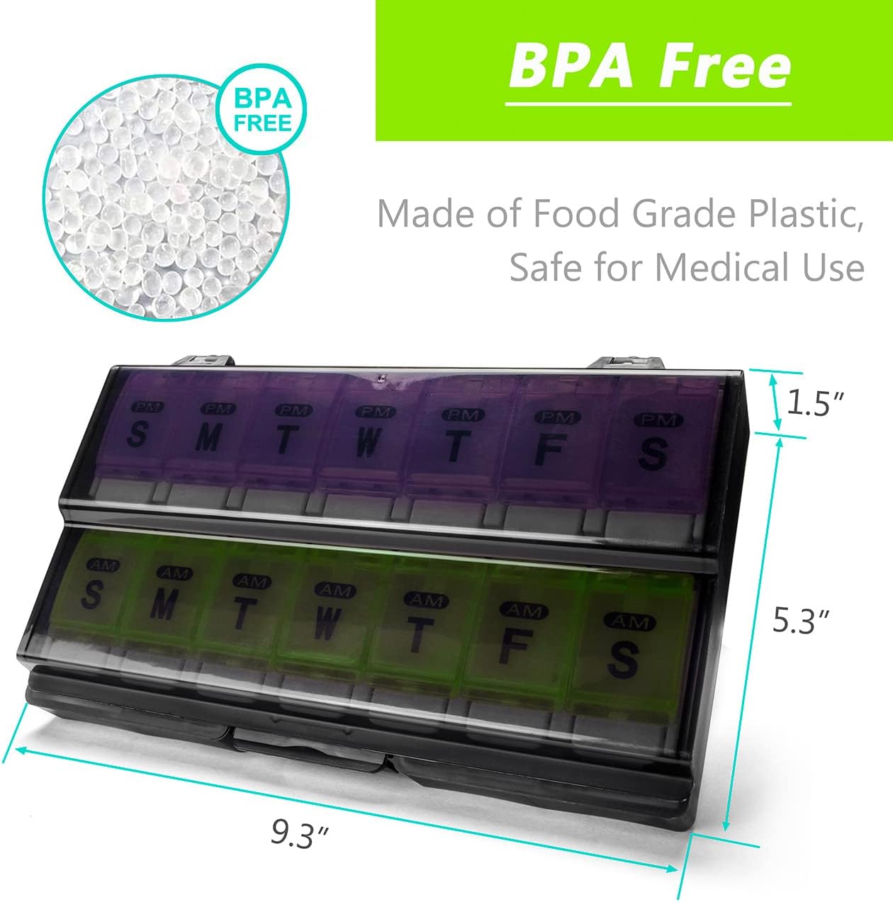 Extra Large Weekly Pill Organizer 2 Times a Day - Remtise Am/Pm Daily Pill Case Medicine Organizer, Push Button 7 Day Pill Box for Pills/Vitamin/Cod Liver Oil/Supplements (Purple & Green)