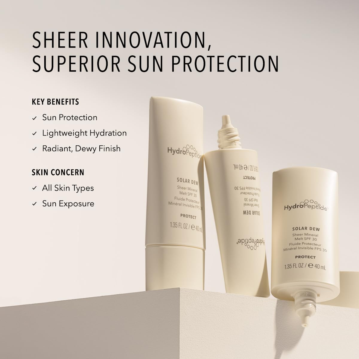 HydroPeptide Solar Dew Sheer Mineral Melt SPF30 Facial Moisturizer, Sunscreen & Primer, 1.35 Ounce