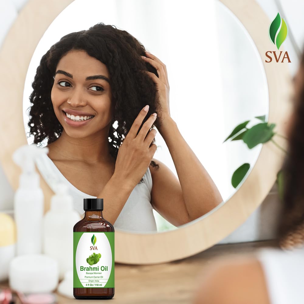 SVA Brahmi Oil - 4 Fl Oz – 100% Natural Cold Pressed Brahmi Oil - for Face, Skin Care, Hair Care, Scalp Massage & Body Massage – Carrier Oil with Dropper