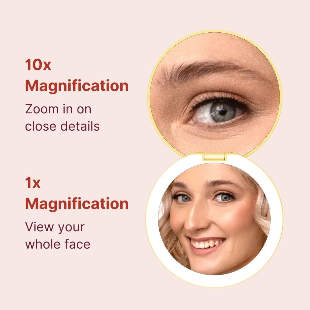 Fancii Taylor Travel Makeup Mirror with LED Light, Rechargeable, 10x /1x Magnifying, Tru-Glow Lighting System, XL Large 5” Wide | Compact Mirror for Purses (Marigold)