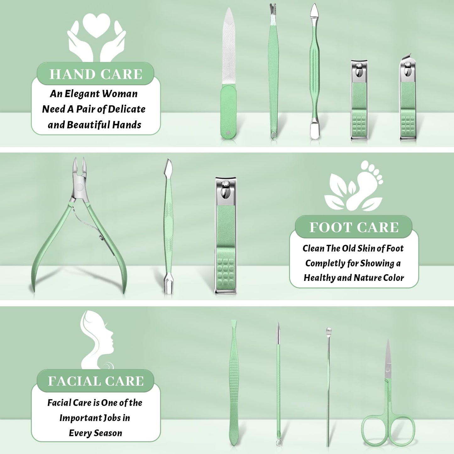 Manicure Pedicure Set, Nail Clipper Set for Men Women, Professional Manicure Kit Pedicure Kit, Nail Care Kit with Green Travel Leather Bag, Set 12 in 1