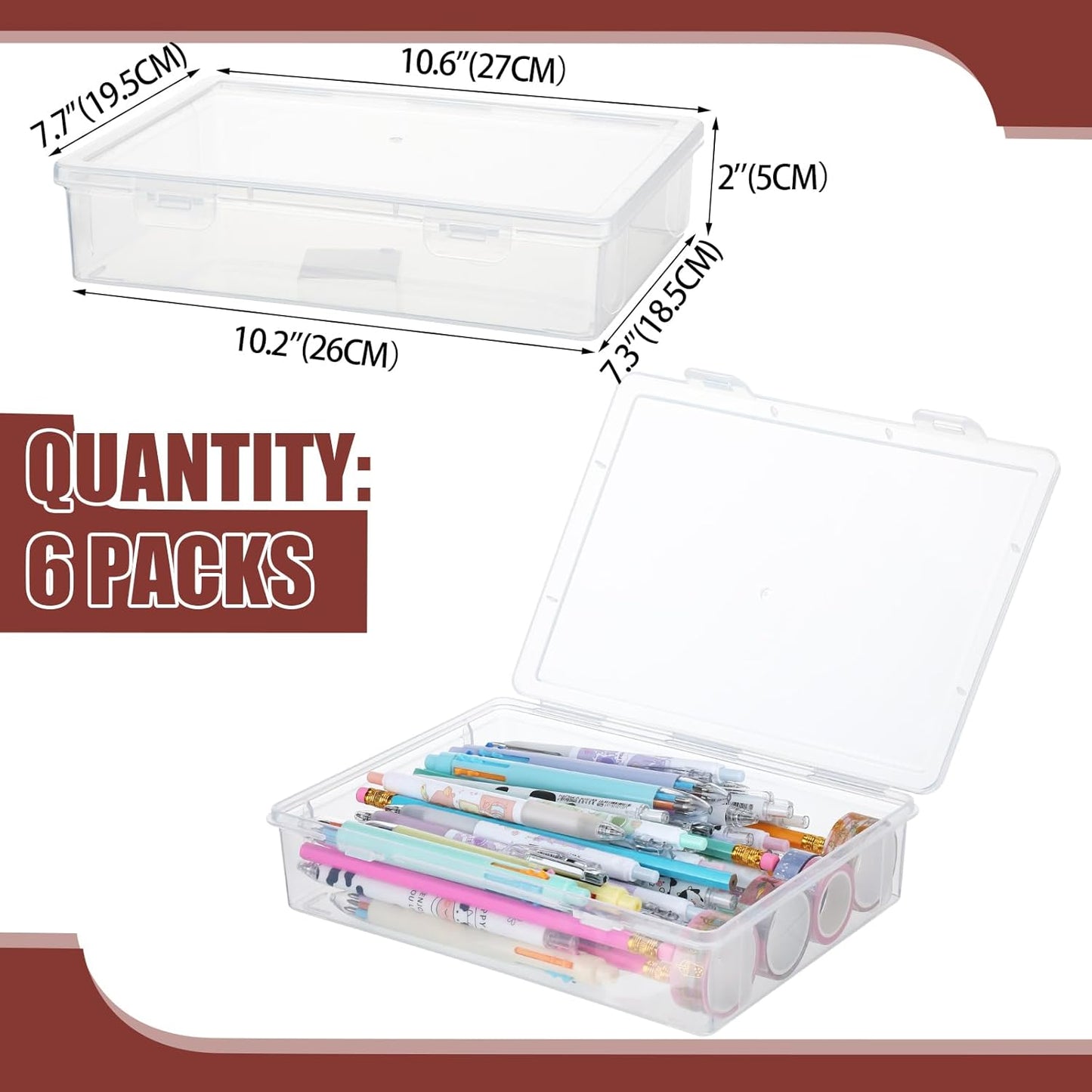 Qunclay 6 Pcs 10.6'' x 7.7'' x 2'' Plastic Storage Box with Lid Multipurpose Craft Organizers Plastic Containers Clear Pencil Case Art Satchel Storage Case for Beads Ornaments Crafts Accessories