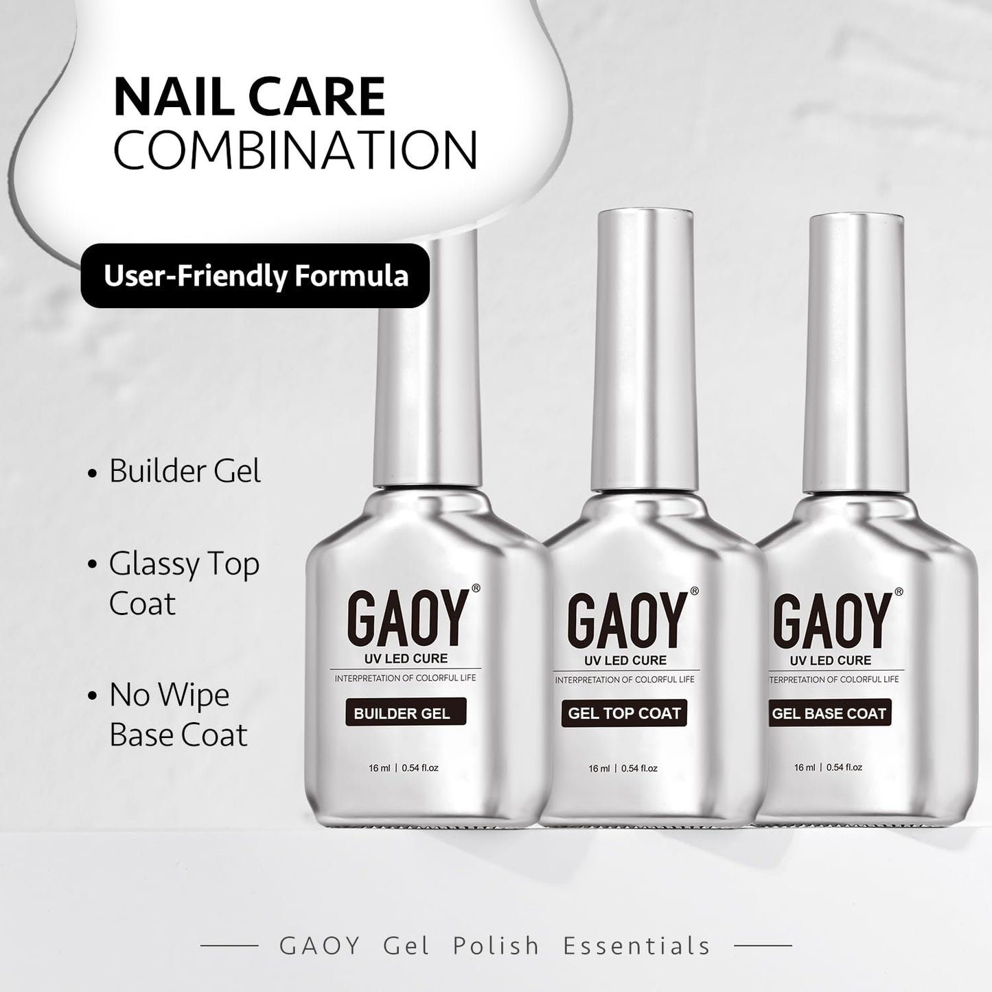 GAOY Gel Top Coat, Builder Gel and Base Coat Set, 3 Pcs 16ml Clear Glossy No Wipe Combination for UV Light Cure