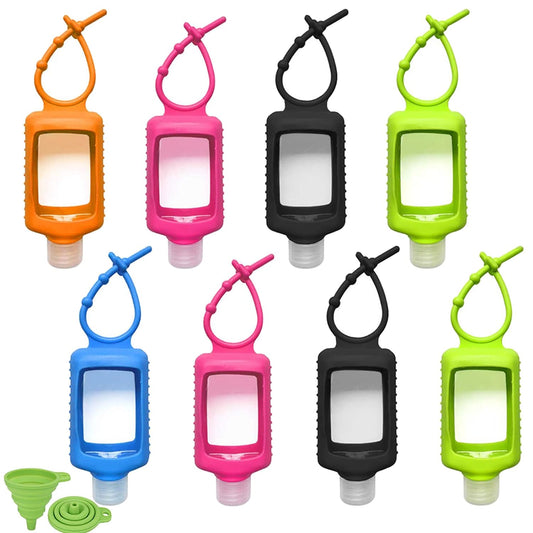 8 PCS Hand Sanitizer Holder Keychain, 60ml/2oz Empty Travel Size Bottles with Silicone Keychain, Portable Plastic Leakproof Squeeze Bottles with Flip Cap for Sanitizer Conditioner