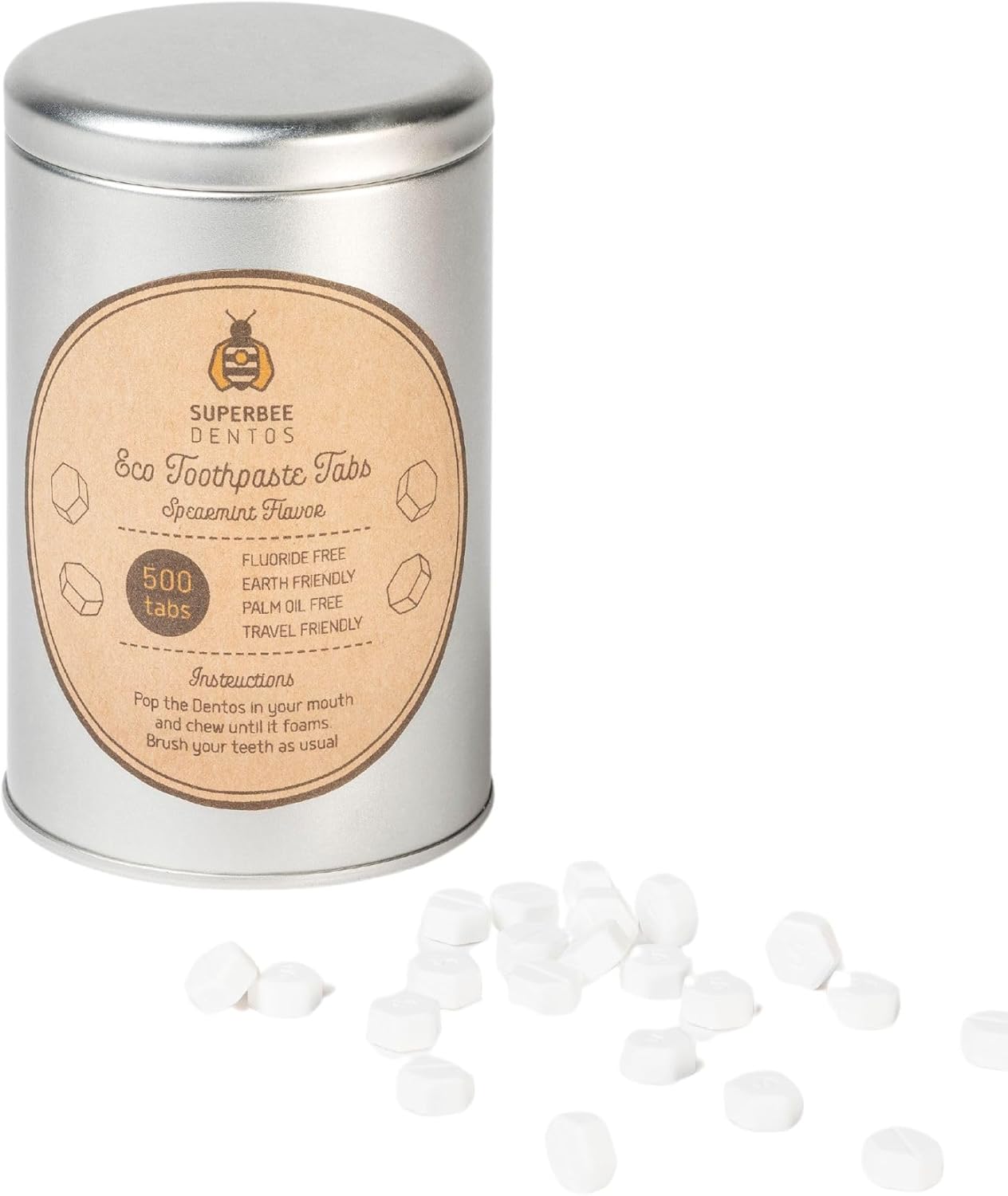 SuperBee Dentos Toothpaste Tablets, 500 Tabs, Fluoride Free & Eco Friendly, Travel Mouthwash Tablets, Sensitive Bites for Kids and Adults, Chewable Tablet, Spearmint