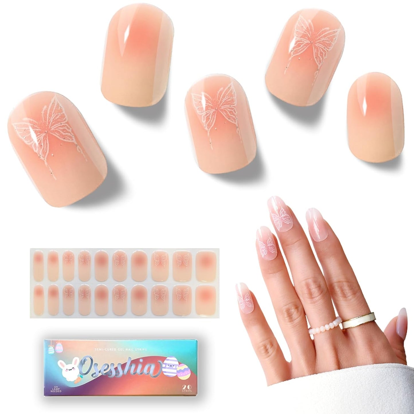 Semi Cured Gel Nail Strips, 20 pcs Nail Wraps, Glaze Stickers, Salon Quality French Manicure, Full Decal Gel Polish Strips, Long Lasting SCG, Easy on, UV Required (Butterfly Fairy)