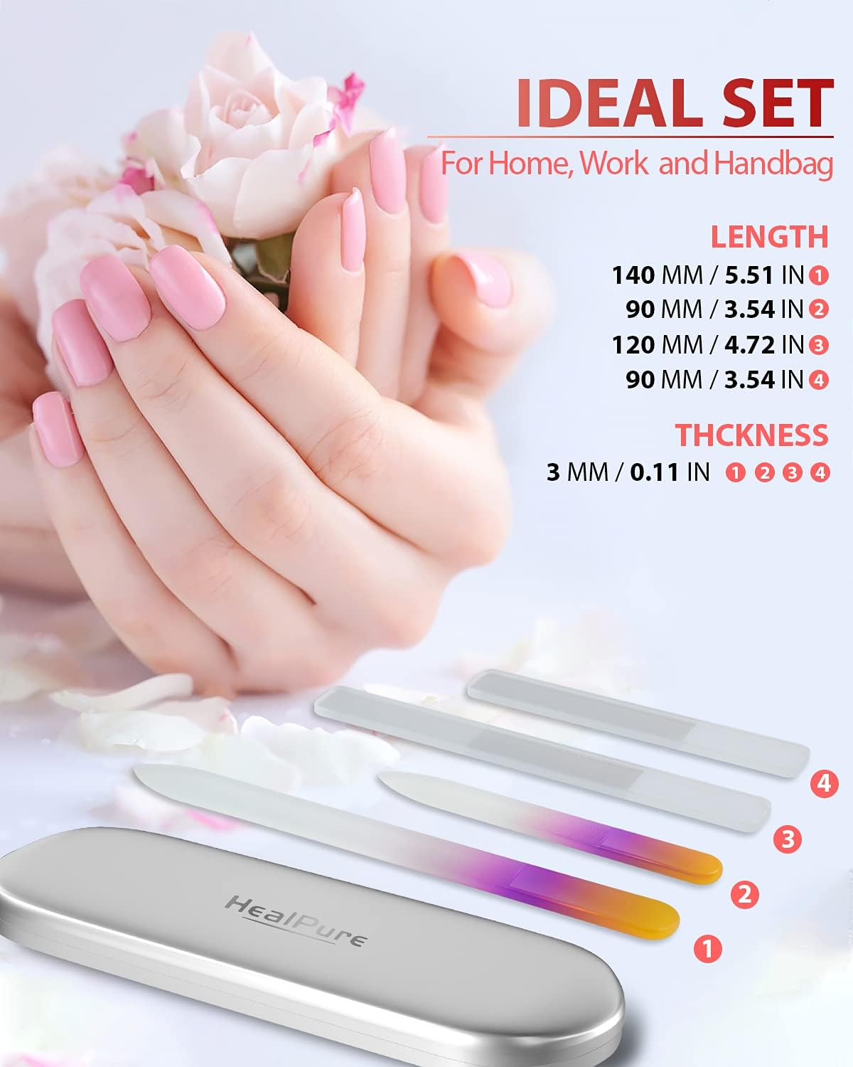 Glass Nail File and Nail Shiner, 4PC Crystal Nail File and Nano Glass Nail Buffer, Premium Set with Case, Professional Manicure Tool Fingernail Czech File for Natural Nail, Gift for Women and Girls