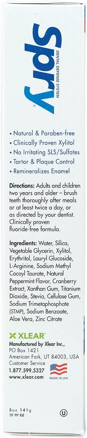 Spry Natural Xylitol Toothpaste 5oz for Adults and Kids - Fluoride Free, Gentle for Sensitive Teeth Whitening and Remineralizing, Breath Freshening, Mouth Moisturizing, Peppermint (Pack of 3)
