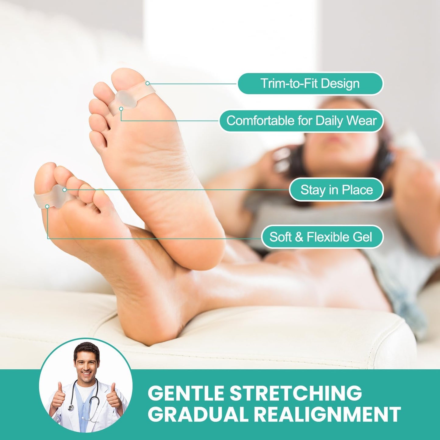 Welnove Pack of 12 Bunion Corrector, Toe Separators with 2 Loops, Big Toe Spacer Suitable for Bunion and Overlap Toe, Infused Aloe Vera Extract (Clear)