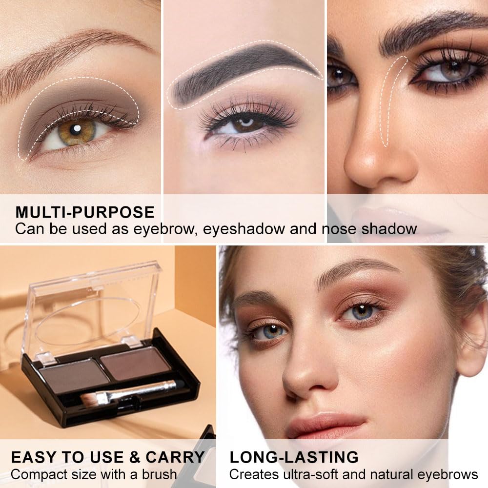 Eyebrow Powder Dark Brown Black Kit,Eye Brow Powder for Women with Double-ended Eyebrow Brush,Long-Lasting Waterproof Two Colors Brow Filler Get Full Defined Natural Brows,Brown Eyebrow Powder Makeup