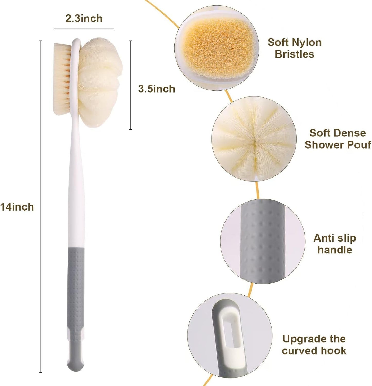 Long Handled Shower Brush for Cleaning Body,Double-Sided Bath Brush for Massage with Bristles and Loofah,Body Brush Exfoliator Mesh Sponge for Women and Men(Gray)