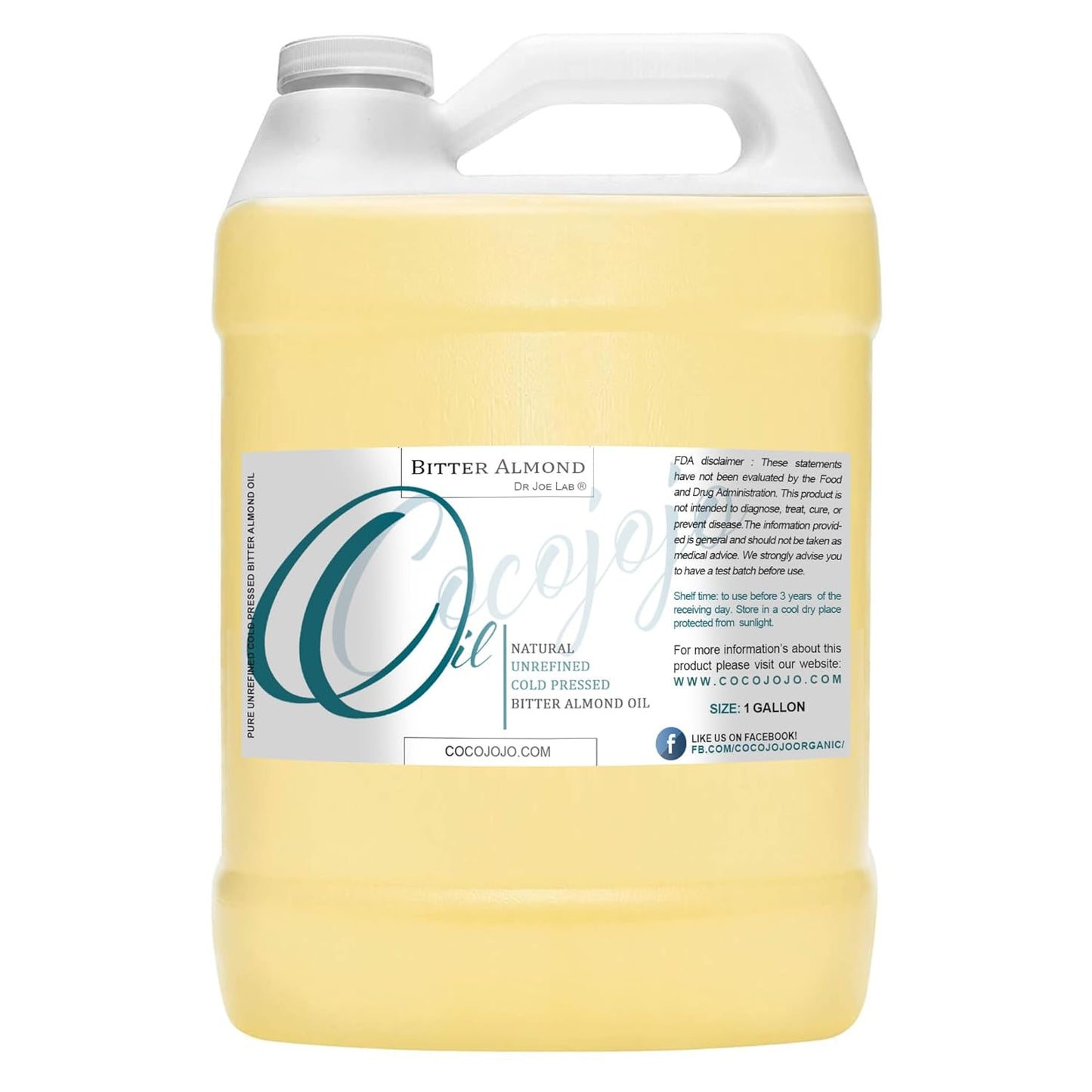 cocojojo Pure Bitter Almond Oil - Unrefined, Cold Pressed, Extra Virgin, All Natural - Perfect for Hair, Face, Skin, Nails (1 Gallon)